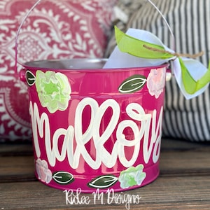 customized easter bucket, hand painted easter bucket, painted easter bucket, personalized easter bucket, metal bucket, girl easter bucket