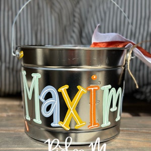 customized easter bucket, hand painted easter bucket, painted easter bucket, personalized easter bucket, metal bucket, boy easter bucket