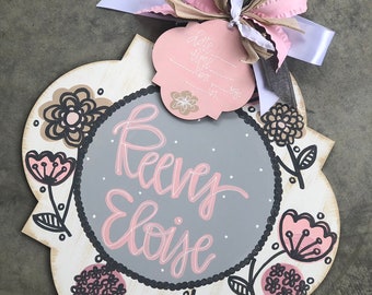 Hospital Door Hanger Girl, Nursery Name Sign Baby Girl, Birth Stats Sign, Newborn Name Sign, Personalized Birth Announcement, Floral Sign