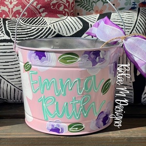 customized easter bucket, hand painted easter bucket, painted easter bucket, personalized easter bucket, metal bucket, girl easter bucket