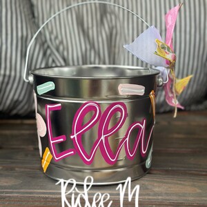 customized easter bucket, hand painted easter bucket, painted easter bucket, personalized easter bucket, metal bucket, girl easter bucket