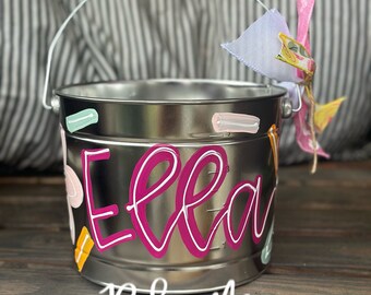 customized easter bucket, hand painted easter bucket, painted easter bucket, personalized easter bucket, metal bucket, girl easter bucket