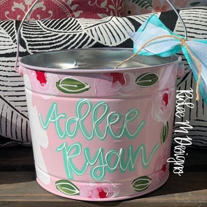 customized easter bucket, hand painted easter bucket, painted easter bucket, personalized easter bucket, metal bucket, girl easter bucket