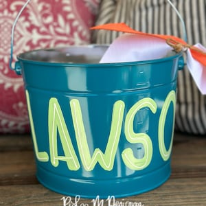 customized easter bucket, hand painted easter bucket, painted easter bucket, personalized easter bucket, metal bucket, boy easter bucket