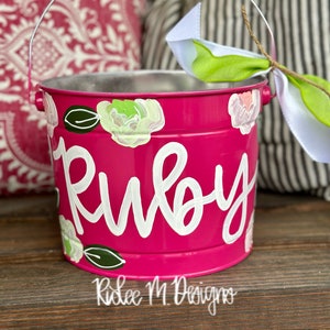customized easter bucket, hand painted easter bucket, painted easter bucket, personalized easter bucket, metal bucket, girl easter bucket