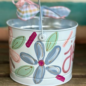 customized easter bucket, hand painted easter bucket, painted easter bucket, personalized easter bucket, metal bucket, girl easter bucket