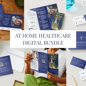Könnte beinhalten: Ein digitales Bundle für die häusliche Gesundheitsversorgung, mit Visitenkarten und Broschüren in Blau- und Weißtönen. Die Visitenkarten zeigen eine Herzschlag-Grafik und QR-Codes. Die Broschüren zeigen Bilder von Menschen.