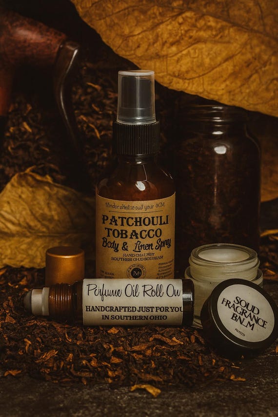 tobacco and patchouli perfume PATCHOULI TOBACCO 3-piece Set – Body Spray 2.5oz, Roll-on 10ml, Solid  Perfume 1oz – Earthy, Smoky, Warm Unisex Fragrance Gift, Pipe Tobacco