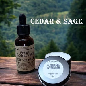 Cedar and Sage scented Beard Oil and Balm Set - All Natural, Handcrafted, Conditioning, Vegan, Softens, Styles Beard,