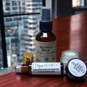 EGYPTIAN MUSK Scented Gift Set – Body Spray, Solid Fragrance Balm, and Roll On Perfume Oil blend of musk, woods, and citrus