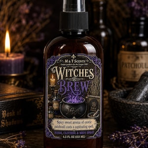 WITCHES BREW scented Room & Clothing Spray 4.5 oz, new alcohol-free formula, spicy-sweet aroma of exotic patchouli casts a captivating spell