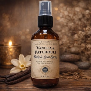 VANILLA and PATCHOULI scented body & linen spray 2.5oz, our beautiful combination of Vanilla and Patchouli to delight your senses!