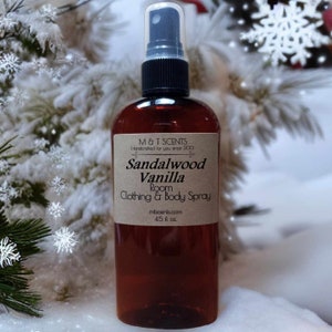 SANDALWOOD VANILLA Room, Car, Clothing or Body Spray, 4.5oz, alcohol free formula, luscious rich vanilla earthy Indian sandalwood