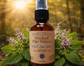 PATCHOULI PIPE TOBACCO body spray 2.5oz bottle, A smooth, unique blend of tobacco leaf and patchouli