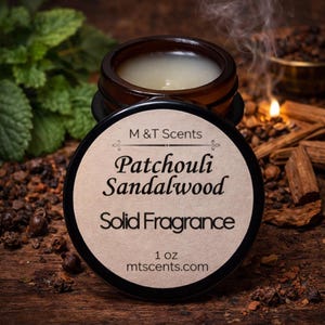 PATCHOULI SANDALWOOD Solid Fragrance Balm Retro, Vintage Look, 1oz, sandalwood, canella bark, patchouli, vanilla, alluring & mysterious.
