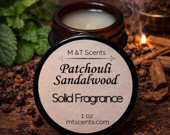 PATCHOULI SANDALWOOD Solid Fragrance Balm Retro, Vintage Look, 1oz, sandalwood, canella bark, patchouli, vanilla, alluring & mysterious.