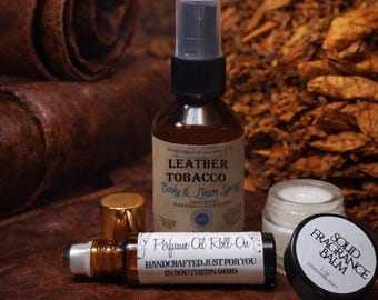 cologne that smells like leather and tobacco LEATHER AND TOBACCO Scented 3 Piece ~ (1) Body Spray, (1) Roll-on Perfume  (1) Solid Perfume Set, Distinct, Rich and Sensual Smell of Leather