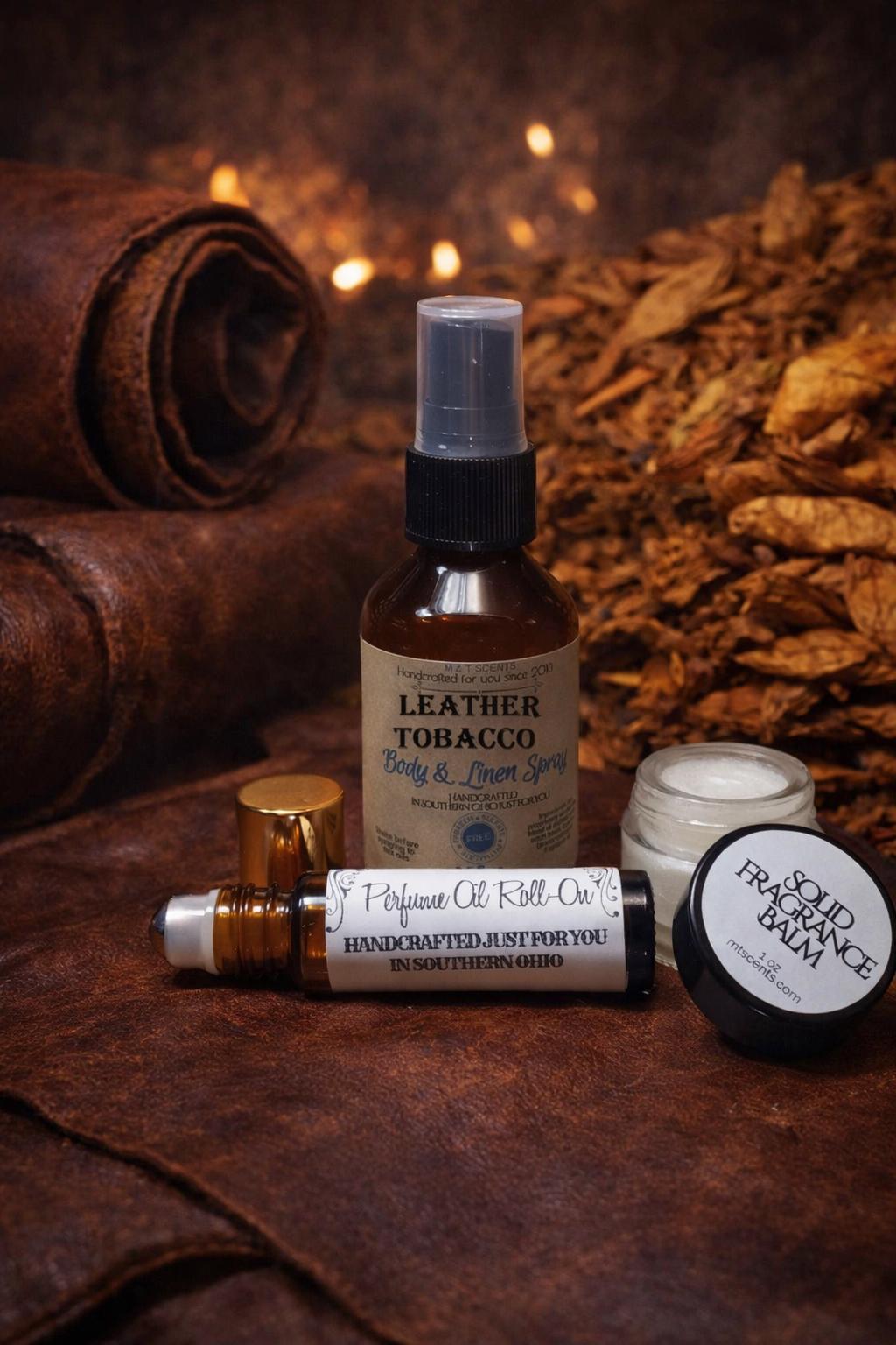 leather tobacco fragrance LEATHER AND TOBACCO scented 3 piece ~ (1) Body Spray, (1) Roll-On Perfume  (1) Solid Perfume Set, Distinct, rich and sensual smell of Leather