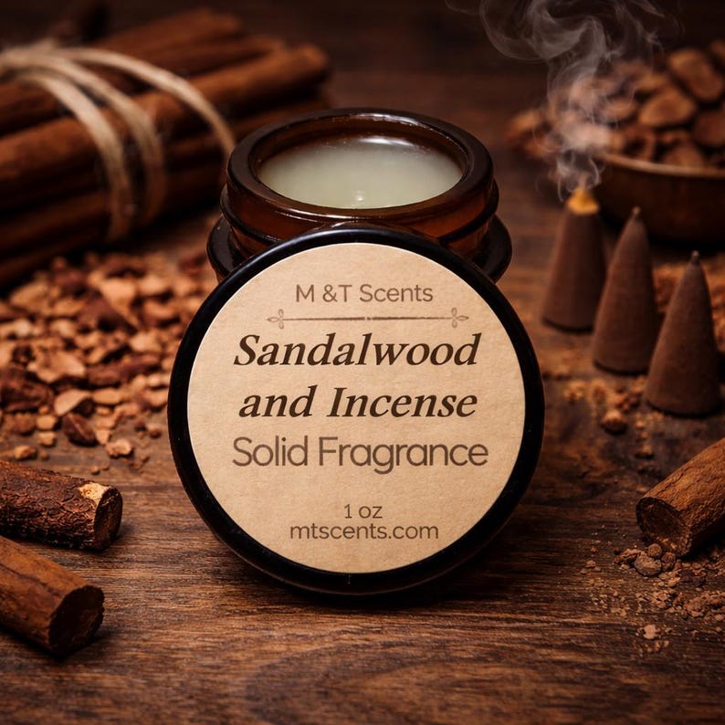 Pode incluir: Um pequeno frasco aberto de fragr&acirc;ncia s&oacute;lida rotulado "S&acirc;ndalo e Incenso" por M & T Scents. O frasco &eacute; castanho com uma tampa preta e um r&oacute;tulo bege. A fragr&acirc;ncia &eacute; de 28g e o site &eacute; mtscents.com. Pauzinhos de canela e cones de incenso no fundo.