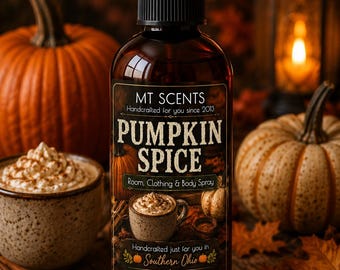 May include: A 4.5oz amber glass spray bottle labeled MT SCENTS PUMPKIN SPICE Room, Clothing & Body Spray. The label features text including Handcrafted for you since 2013, Handcrafted just for you in Southern Ohio, and mtscents.com with a black pump top.