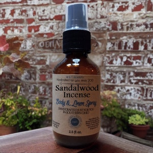 SANDALWOOD & INCENCE  2.5oz Body and Linen Spray blend of vanilla bean, sandalwood, musk