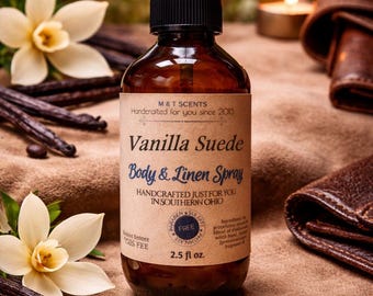 VANILLA SUEDE Body Spray 2.5oz Warm Leather Vanilla Fragrance Long Lasting Room Linen Hair Spray Unisex Perfume Mist Gift