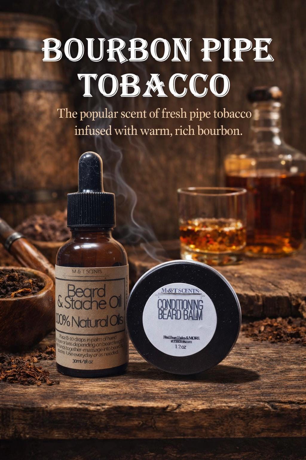 BOURBON PPE TOBACCO Beard Oil and Balm Set Gift for Men Beard Care Kit  Masculine Grooming Gift Husband Boyfriend, tobacco and warm bourbon