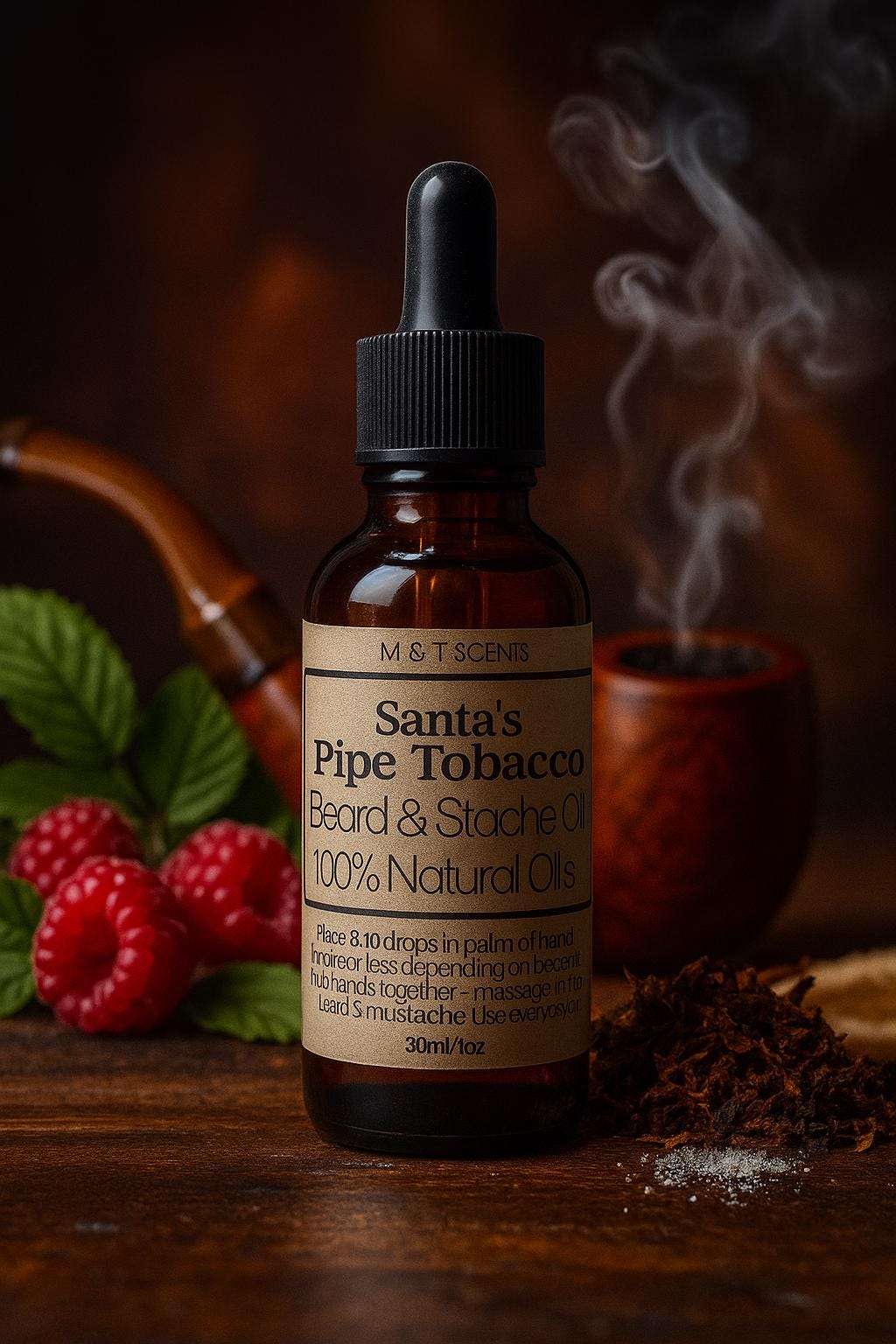 Santa’s Pipe Tobacco Beard Oil 1oz – Cherrywood Raspberry Vanilla Tobacco  Scent – Natural and Moisturizing