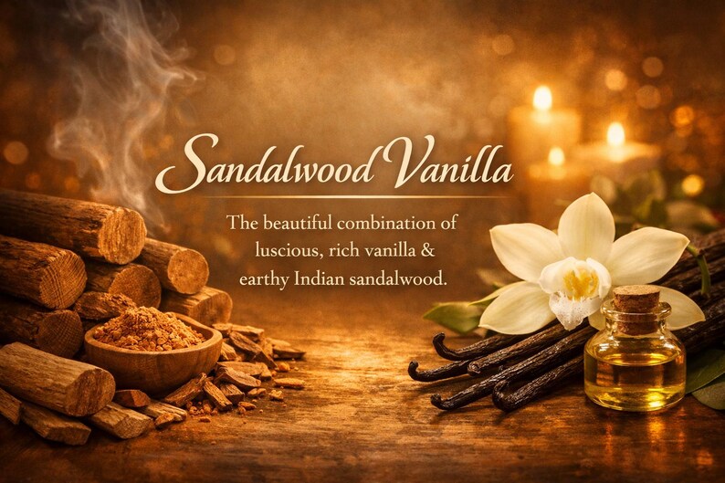 Pode incluir: Imagem com o texto "Sandalwood Vanilla" e elementos de baunilha e s&acirc;ndalo. A imagem inclui vagens de baunilha, uma flor de baunilha, uma pequena garrafa de vidro e toras e p&oacute; de s&acirc;ndalo. O fundo tem velas acesas.