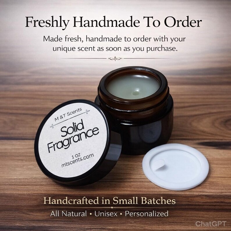 Pode incluir: Um frasco de vidro castanho de fragr&acirc;ncia s&oacute;lida com tampa branca e um r&oacute;tulo que diz "Solid Fragrance". O texto "Freshly Handmade To Order" e "Handcrafted in Small Batches" tamb&eacute;m s&atilde;o vis&iacute;veis. O produto tem 28 gramas.
