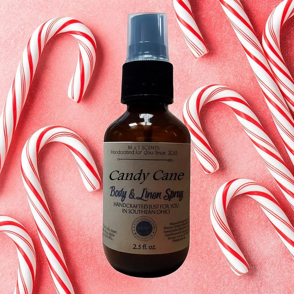 CANDY CANE Body Spray 2.5oz Peppermint Sugar Sweet Mint Scent Hair Mist Fresh Holiday Fragrance Handmade