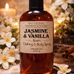JASMINE and VANILLA scented Room and Clothing Spray, 4.5oz Fragrant White jasmine flowers and sweet classic vanilla