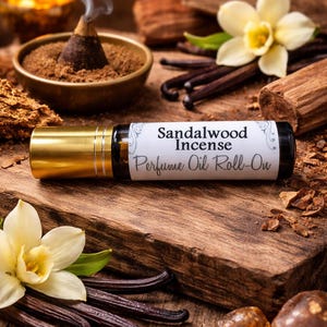 Sandalwood Incense Roll On Perfume Oil 10ml Vanilla Musk Woody Scent Unisex Fragrance Alcohol Free Handmade Travel Size bild 1