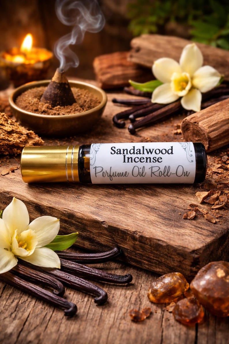 Sandalwood Incense Roll On Perfume Oil 10ml Vanilla Musk Woody Scent Unisex Fragrance Alcohol Free Handmade Travel Size bild 1