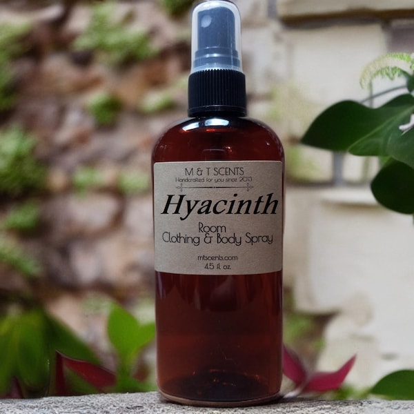 HYACINTH Room and Clothing Spray, Super Strong Scent 4.5 fl oz, alcohol free spray, vegan friendly, fresh hyacinth flowers in the garden