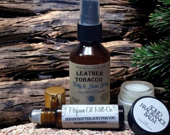 cologne that smells like leather and tobacco LEATHER AND TOBACCO Scented 3 Piece ~ (1) Body Spray, (1) Roll-on Perfume  (1) Solid Perfume Set, Distinct, Rich and Sensual Smell of Leather