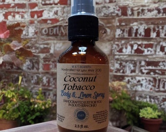 COCONUT PIPE TOBACCO scented body & linen spray 2.5oz bottle, rich blend of tobacco and fresh coconut