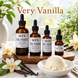 May include: Four amber glass dropper bottles labeled MTS Pure Premium Fragrance Oil in 4 oz, 2 oz, 1 oz, and .5 oz sizes. The bottles are arranged on a wooden board with vanilla flowers, dried vanilla beans, and a bowl of vanilla ice cream.