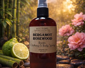 BERGAMOT ROSEWOOD Room Spray mist 4.5oz fresh blend of bamboo, bergamot, rose and citrus, handmade to order, use on room, hair, body, skin