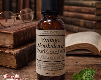 VINTAGE BOOKSTORE scented Beard oil Mustache Oil 1oz A fusion of bergamot, leather-bound books, and cedar wood fragrances