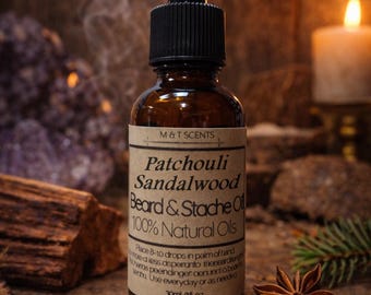 PATCHOULI SANDALWOOD Beard Oil 1oz Woodsy Earthy Mens Scent Beard Care Softens Conditions Handmade Grooming