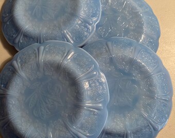 Four Delphite Blue Milk Glass Plates