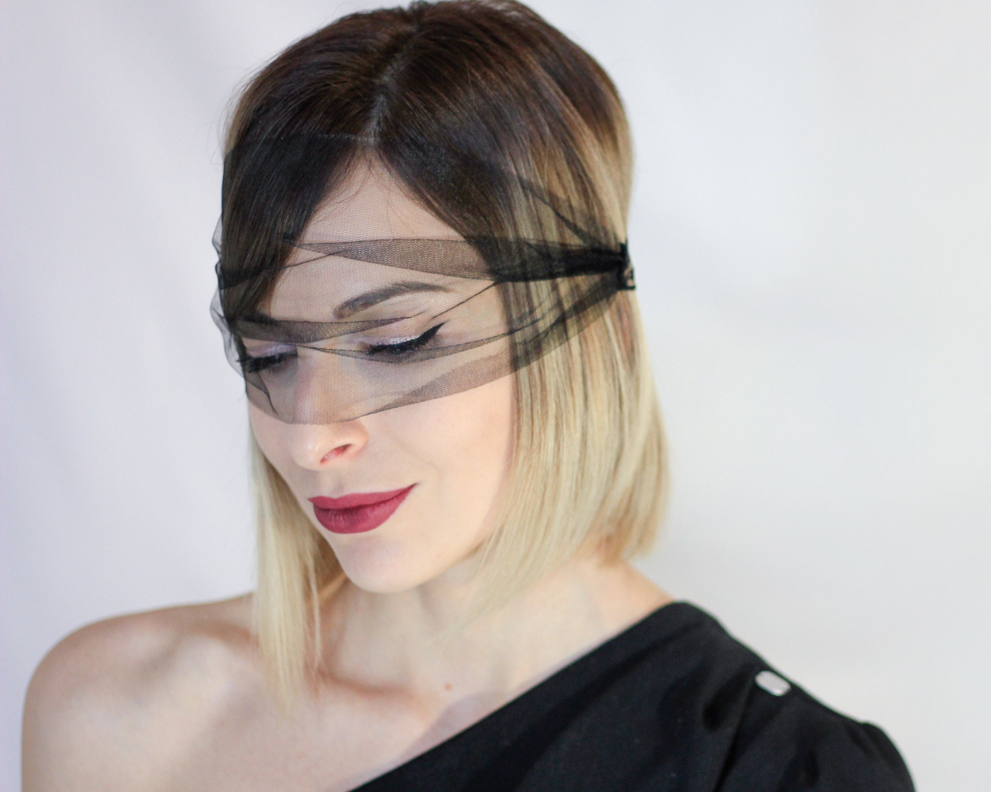 Black birdcage veil headband Lace face eye mask Fascinator Etsy