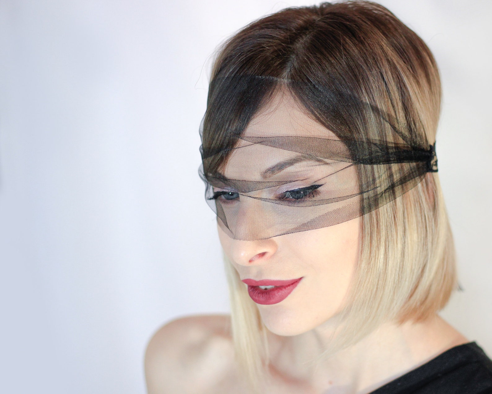 Black birdcage veil headband Lace face eye mask Fascinator Etsy