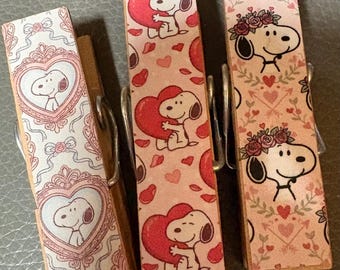 Snoopy is Love (set 1) - set of 3 Chip Snack Clips Handmade Decorated Wooden Clothespins