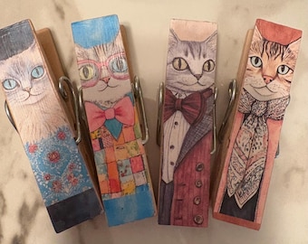 Cats in Clothes (sets #1 & #2)  set of 4 Chip Snack Clips Handmade Decorated Wooden Clothespins