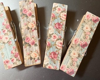Roses on Wood - set of 4 Chip Snack Clips Handmade Decorated Wooden Clothespins