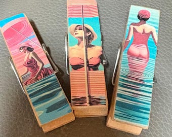 Bathing Beauties  - set of 3 Chip Snack Clips Handmade Decorated Wooden Clothespins