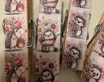 Happy Little Hedgehogs - set of 4 Chip Snack Clips Handmade Decorated Wooden Clothespins