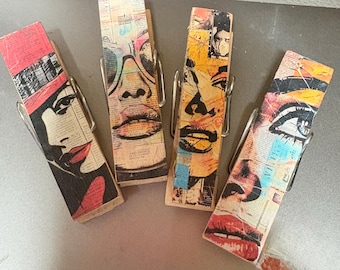 Pop art women - set of 4 Chip Snack Clips Handmade Decorated Wooden Clothespins